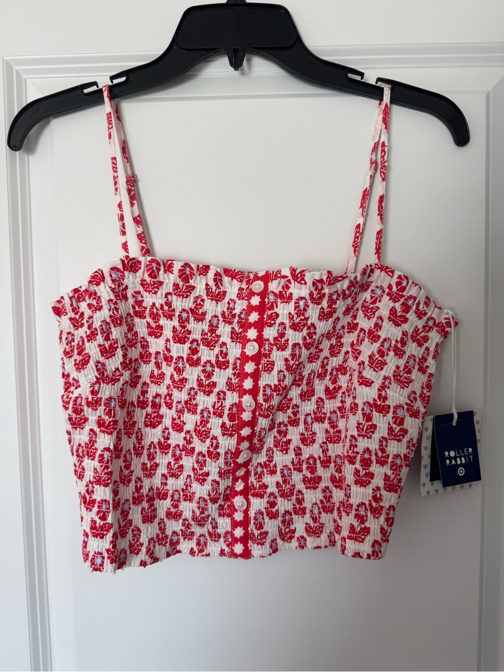 Roller Rabbit White and Red Floral Smocked Crop Top
